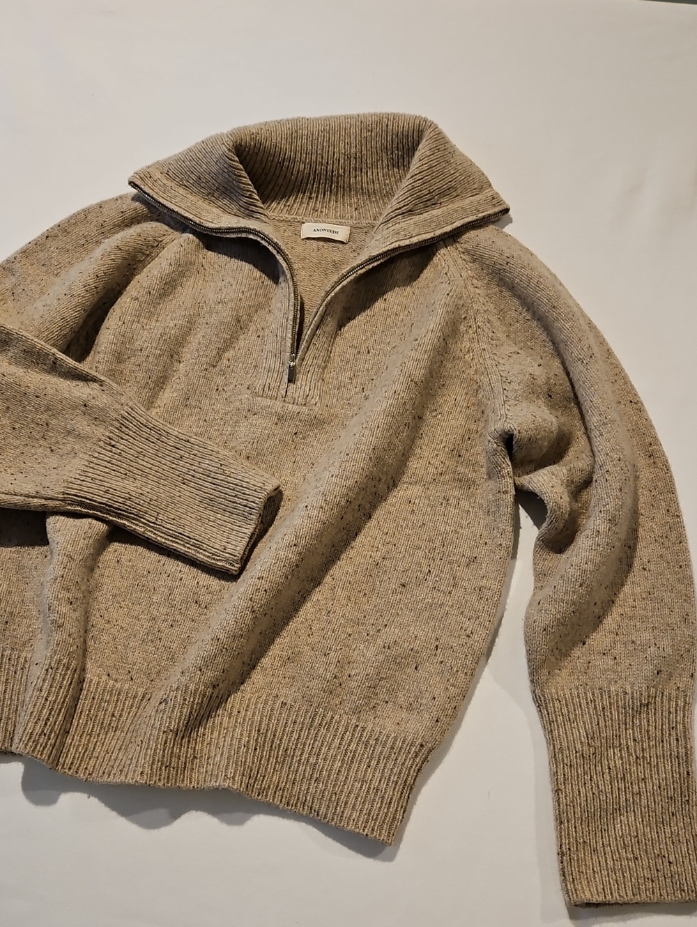Unisex Half-Zip Wool(?) Blend Sweater in Oatmeal Donegal 0056